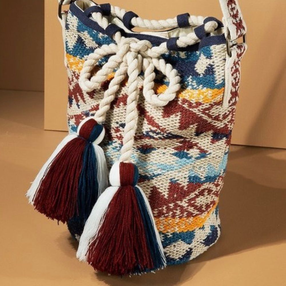 Bohemian Bucket Shoulder Bag Najavo Pattern Handwoven Cotton NWT - Picture 7 of 8